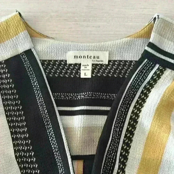 Monteau Black Yellow White Striped Short Sleeve Top Size Large - Picture 2 of 12